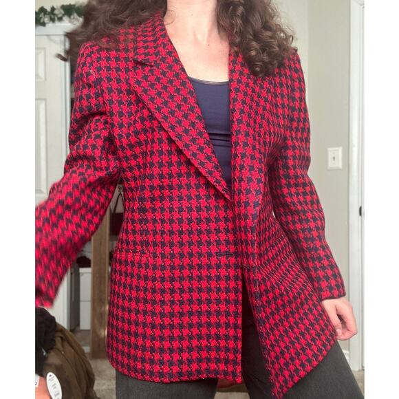 Vintage 100% Wool Blazer Collared Jacket Business Office Navy Red Houndstooth - Picture 1 of 12